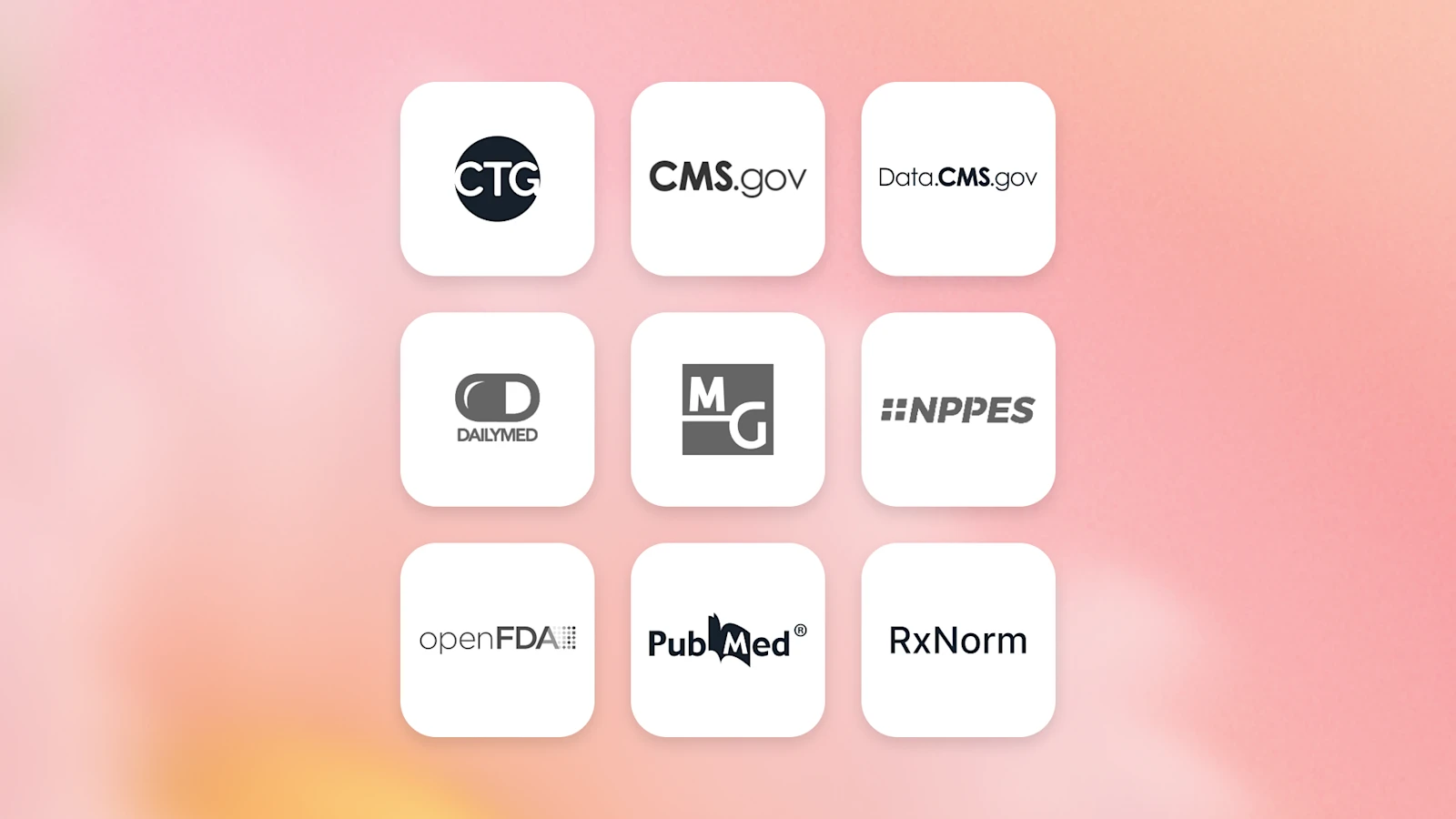 Logo grid of the nine official public healthcare data sources connected via the Healthcare Public Data plugin