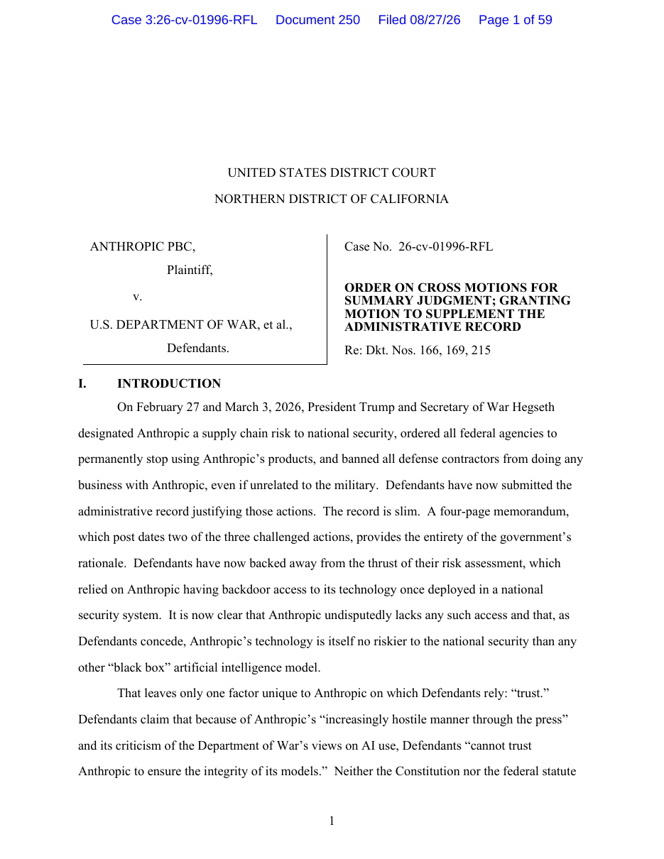 US Court Strikes Down the Pentagon's Anthropic Label: Judge Rules National Security Is Not a Blank Check