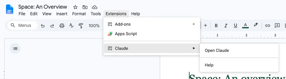Extensions menu in Google Docs Extensions menu with Claude option in Google Docs