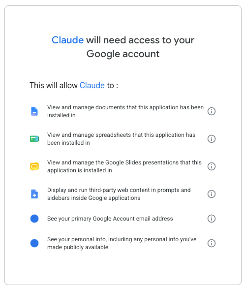 Permissions screen Google permissions prompt on first Claude use