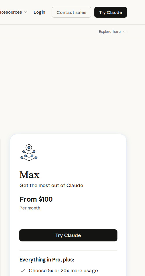 Official Claude pricing screenshot showing the Max plan starting from $100
