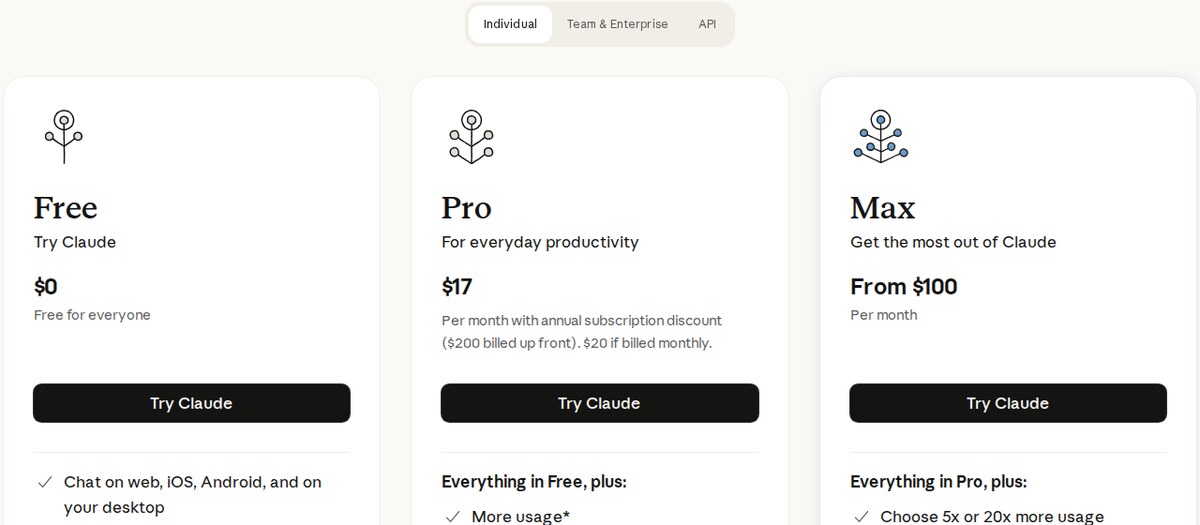 Official Claude pricing screenshot comparing Free, Pro, and Max plans