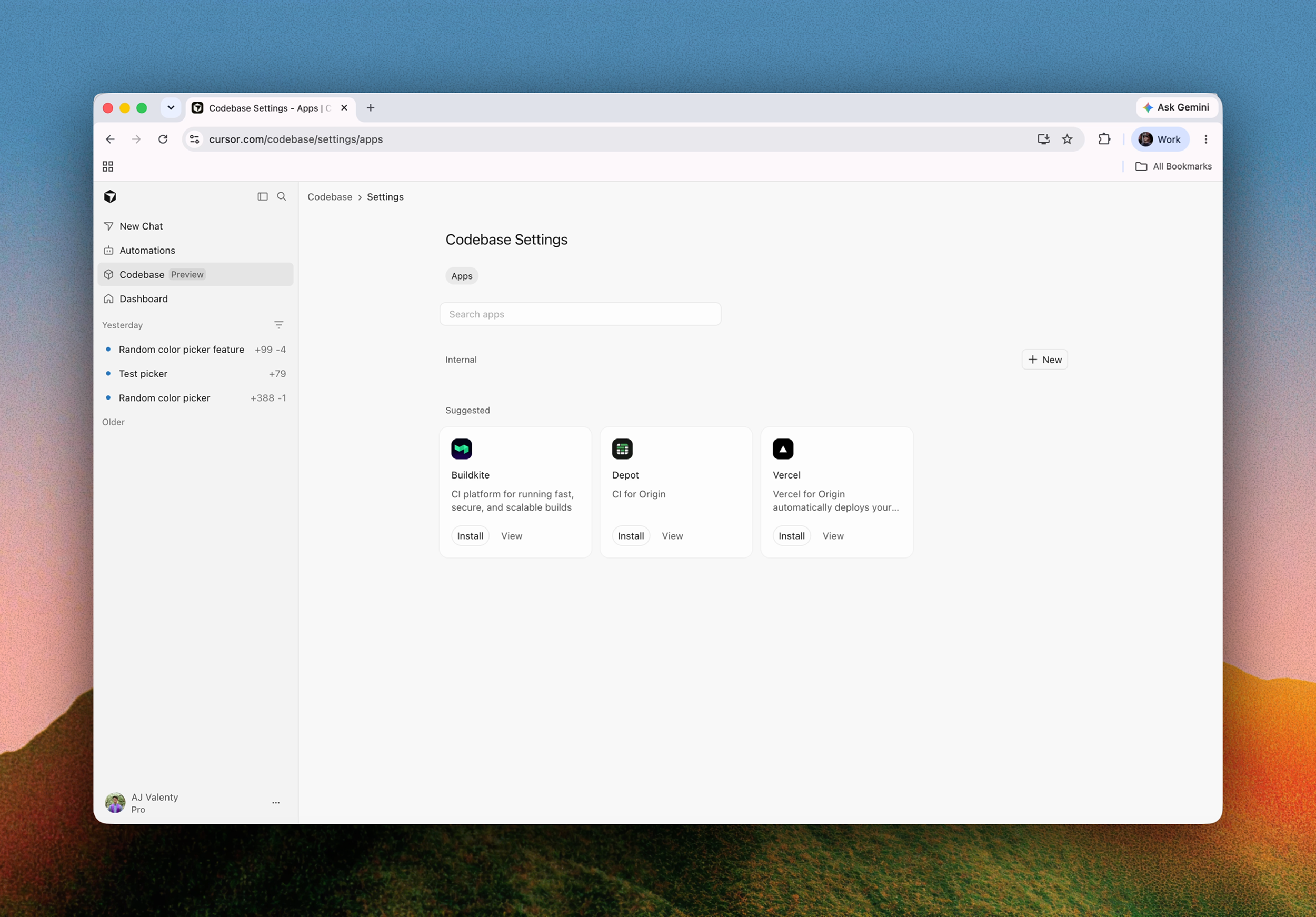 Connected apps list for Origin repositories in Cursor Origin apps integrated inside Cursor