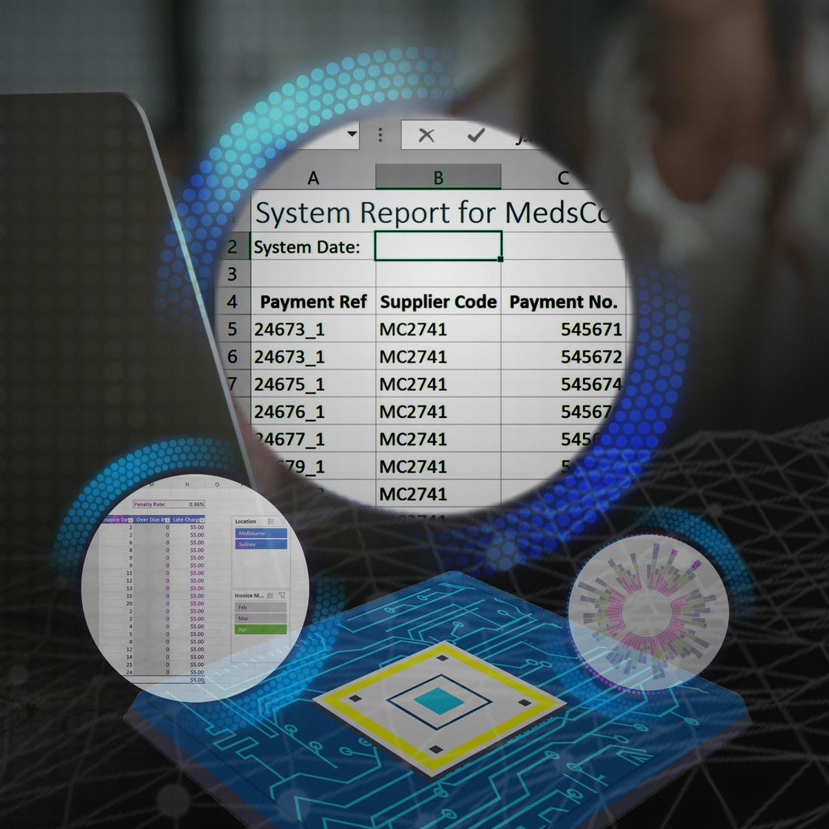 A magnified Excel payment report with chart insets over a laptop — official image for the Excel Skills for Business course