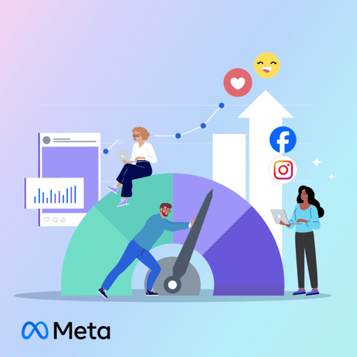 An illustration of a rising gauge with people working on laptops, Facebook and Instagram icons, and the Meta logo
