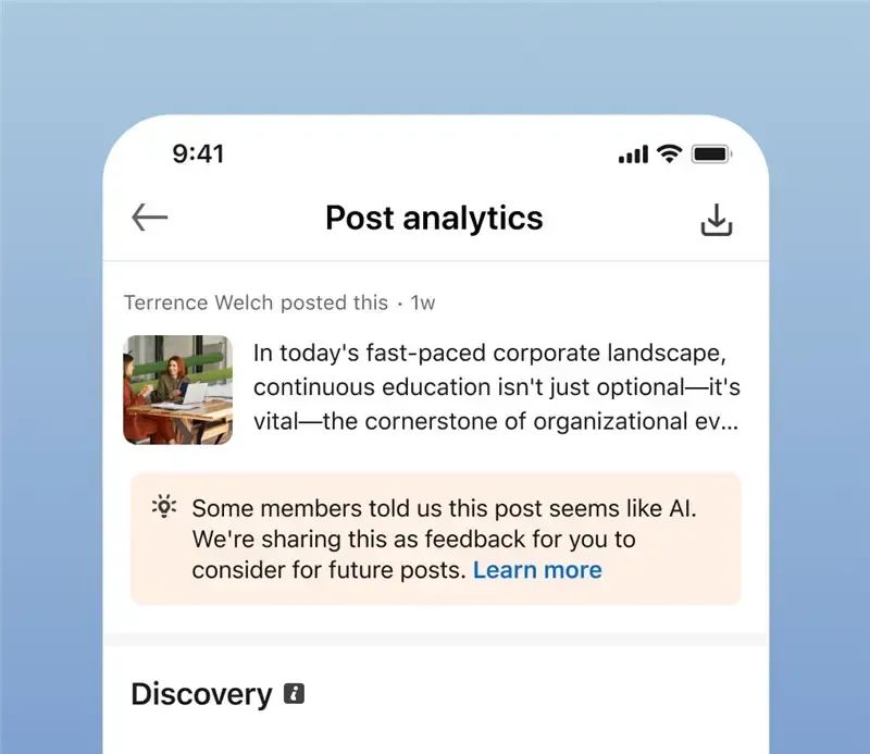Official image from LinkedIn's CPO post about the AI slop feedback button