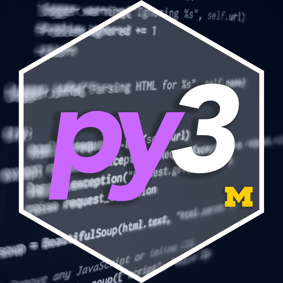 شعار Python 3 داخل شكل سداسي فوق خلفية كود مموّهة مع شعار جامعة ميشيغان