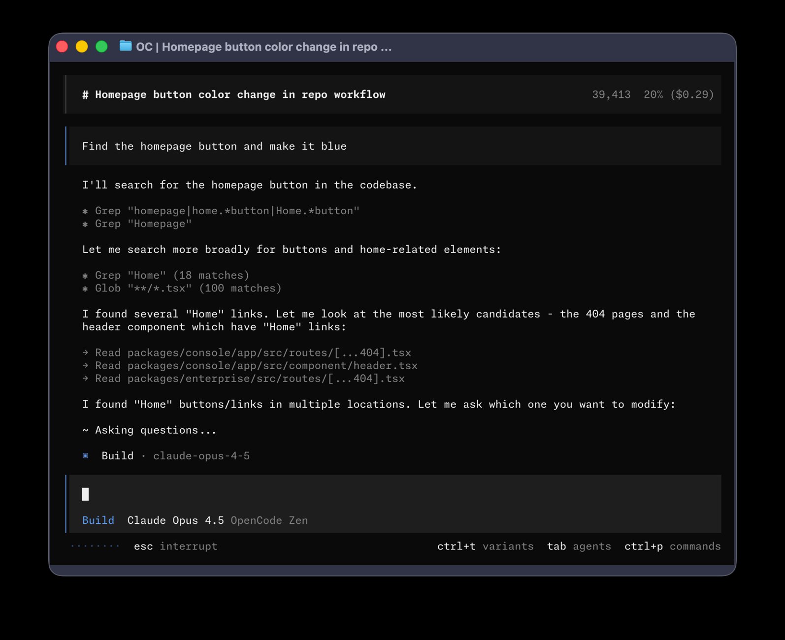 Official OpenCode terminal UI screenshot