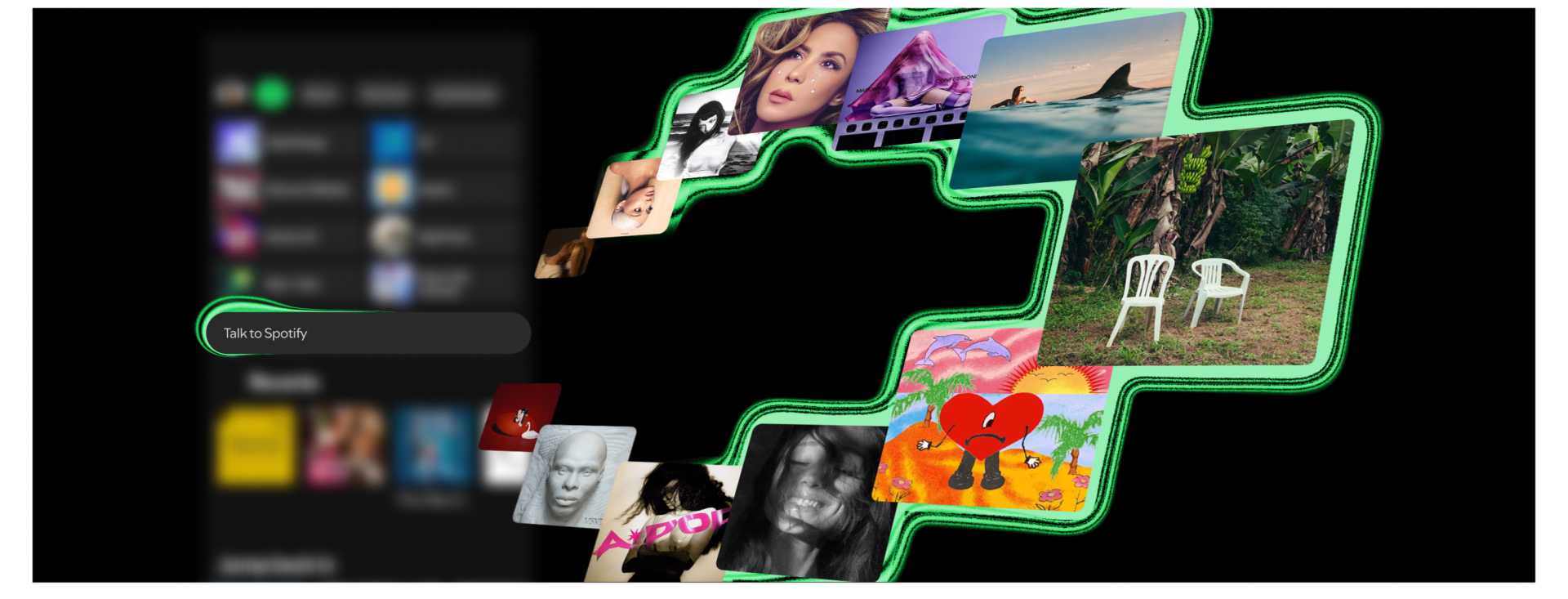 واجهة استخدام Talk to Spotify التي تظهر في الشاشة الرئيسية وواجهة التشغيل شاشة توضيحية لميزة Talk to Spotify