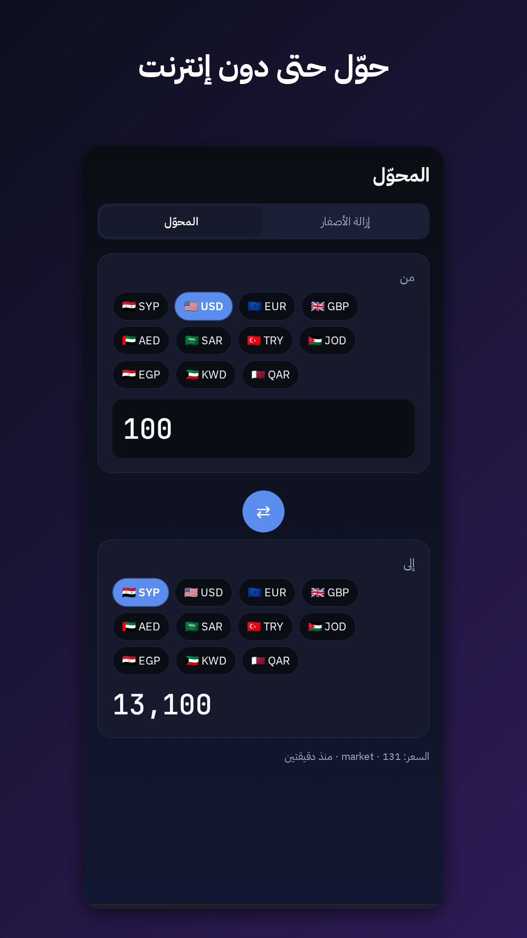 محوّل العملات في التطبيق مع تبويب إزالة الأصفار لتحويل المبالغ بين الليرة الجديدة والقديمة