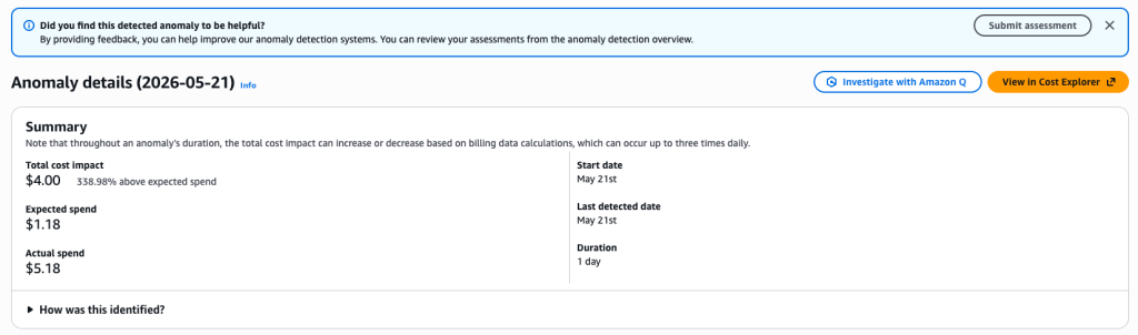 مثال رسمي لملخص التحقيق لقطة رسمية لنتيجة تحقيق Amazon Q في شذوذ تكاليف AWS