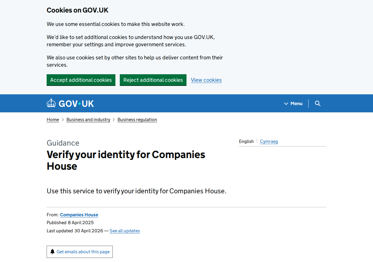 GOV.UK Companies House identity verification page GOV.UK Companies House identity verification page