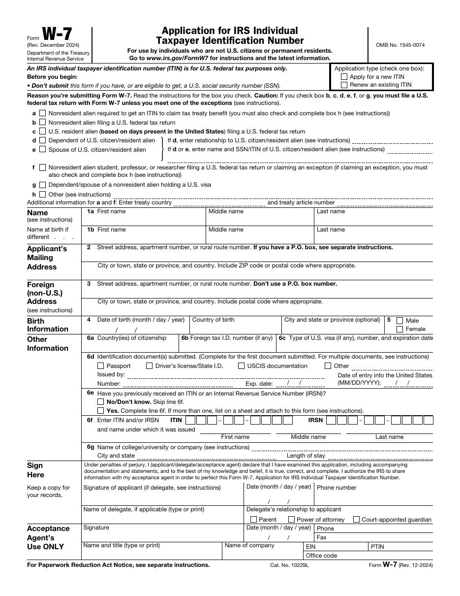 First page of the official IRS Form W-7 used to apply for an ITIN