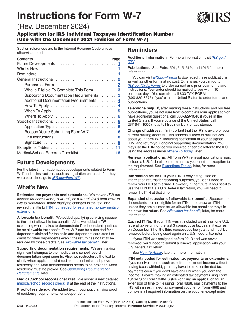 Cover of the official IRS instructions booklet for Form W-7