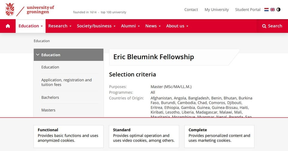زمالة Eric Bleumink 2027 في جامعة Groningen: لا يوجد طلب مباشر والمنحة عبر الترشيح